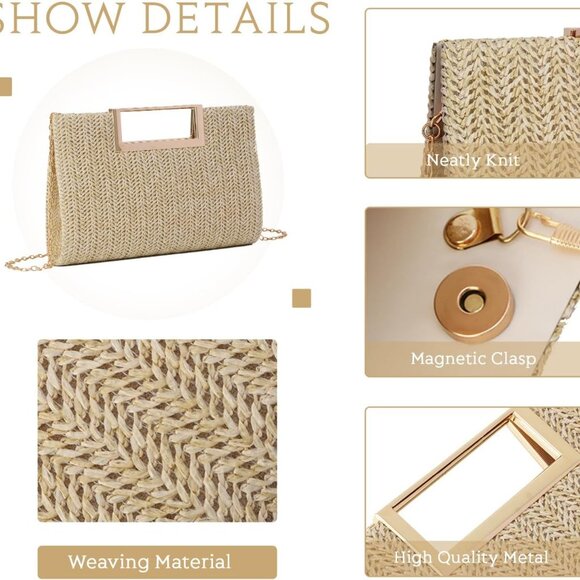 Top Handle Straw Clutch for Women Summer Clutch Straw Evening Bag Raffia Crossbo - Picture 5 of 8